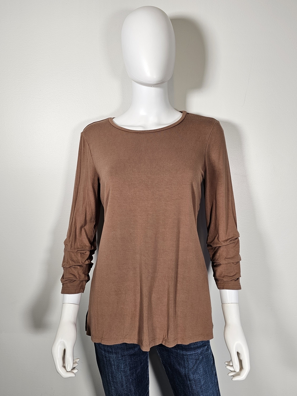 Joseph Ribkoff 3/4 Ruffle Sleeve Crewneck Top in Cocoa Brown Sz 4